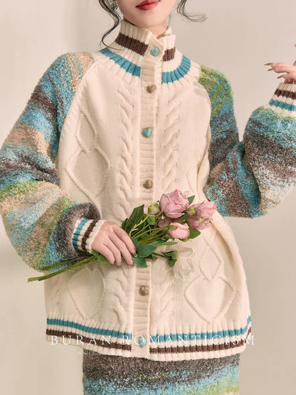 BURAN age-reducing matching set of winter clothes, retro contrasting color design, niche gentle sweater knitted two-piece set