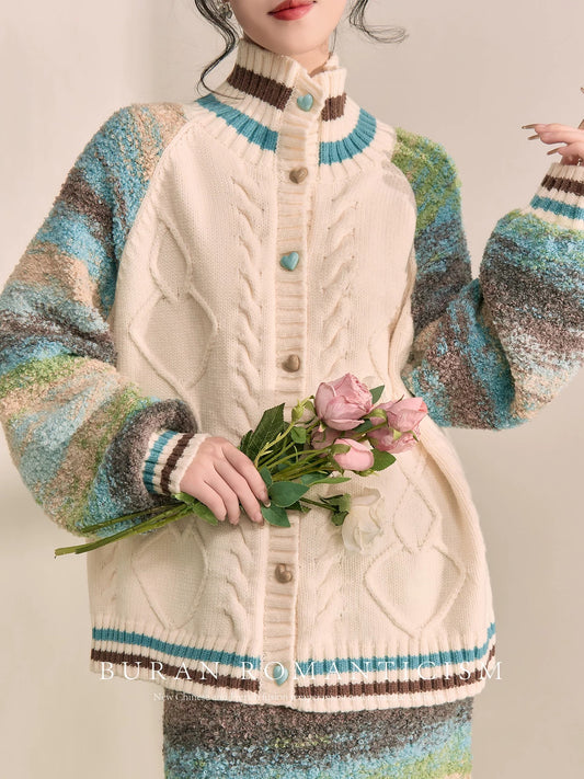 BURAN age-reducing matching set of winter clothes, retro contrasting color design, niche gentle sweater knitted two-piece set