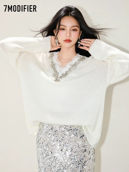 La Chapelle 7M2025 autumn fashion hot diamond lace V-neck loose pullover long-sleeved knitted sweater top for women