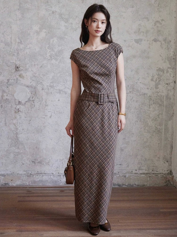 Eryang Design [Jiayun] High-end retro plaid straight dress for women with a stylish waist and short sleeves