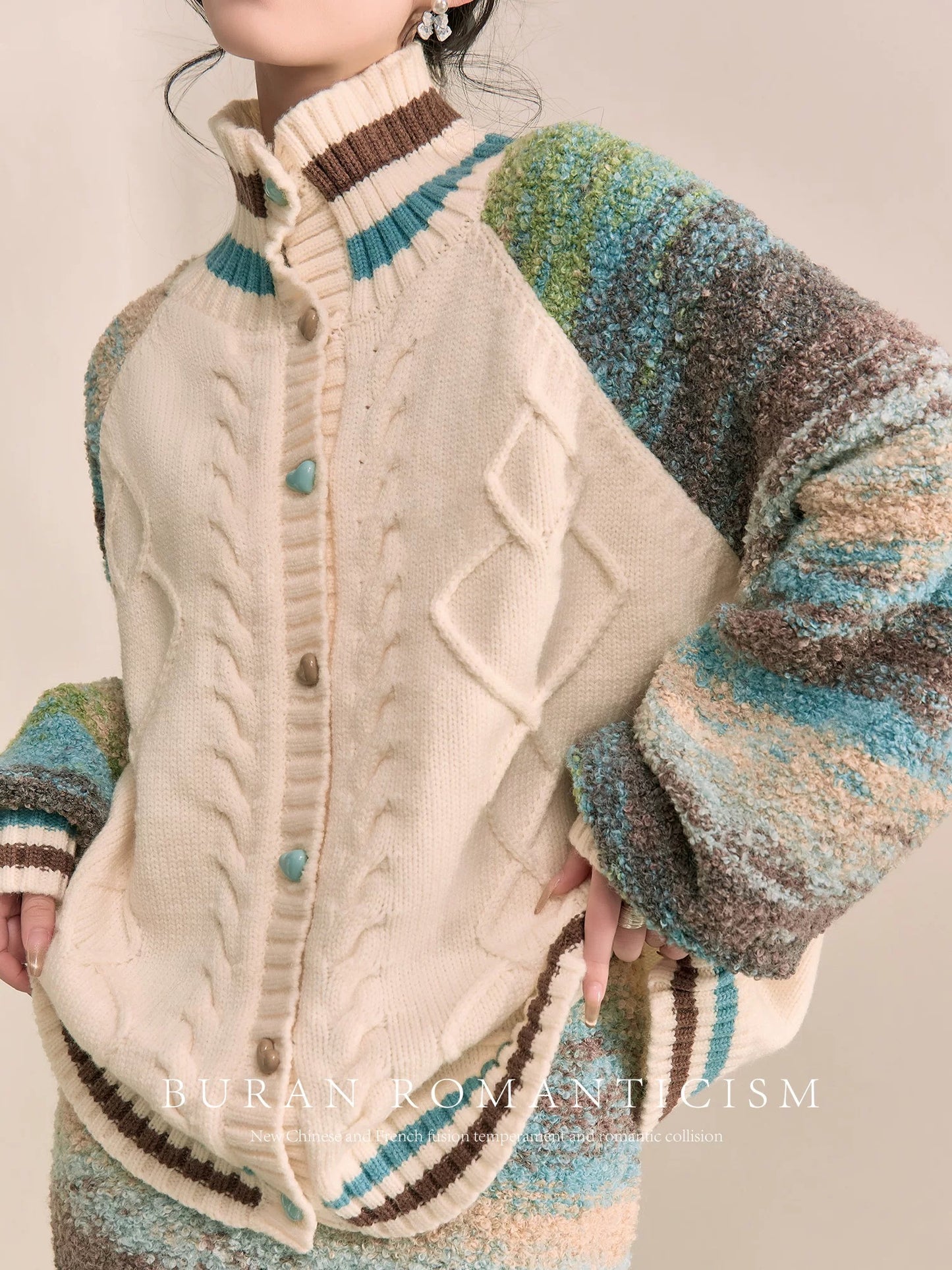 BURAN age-reducing matching set of winter clothes, retro contrasting color design, niche gentle sweater knitted two-piece set