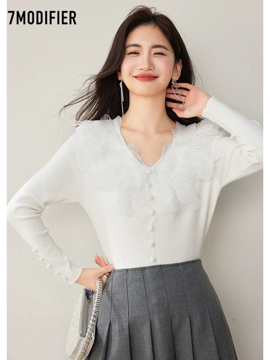 La Chapelle 7M2025 autumn and winter new lace stitching sweater French high-end V-neck top