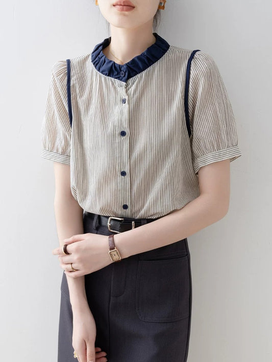 2025 Super beautiful unique beautiful shirt ladies temperament tops summer new striped design short-sleeved shirt