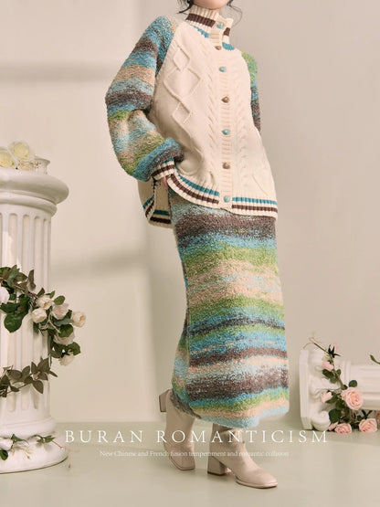 BURAN age-reducing matching set of winter clothes, retro contrasting color design, niche gentle sweater knitted two-piece set