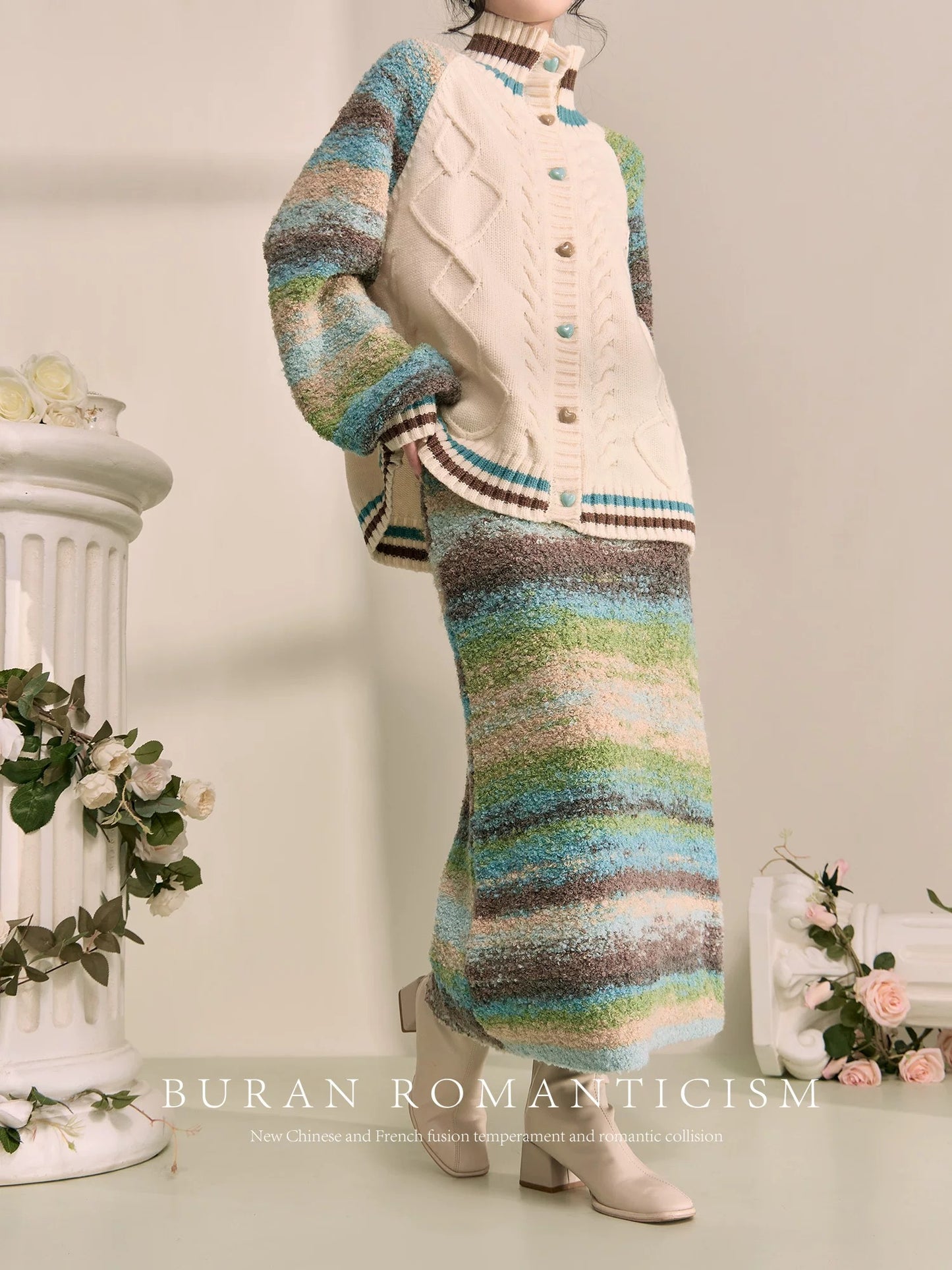 BURAN age-reducing matching set of winter clothes, retro contrasting color design, niche gentle sweater knitted two-piece set