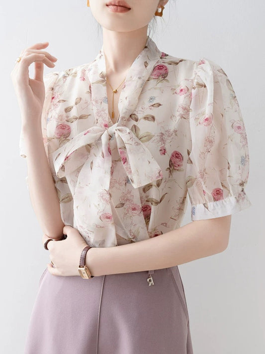 French V-neck floral chiffon shirt for women 2025 new summer short-sleeved shirt bow design top