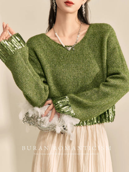 BURAN sweater, lazy and high-end, loose and slim in winter, retro green, stylish sequined patchwork pullover top