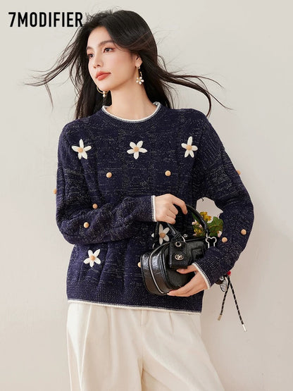 La Chapelle 7M2025 autumn and winter new round neck flower embroidery pullover sweater loose fashionable tops for women