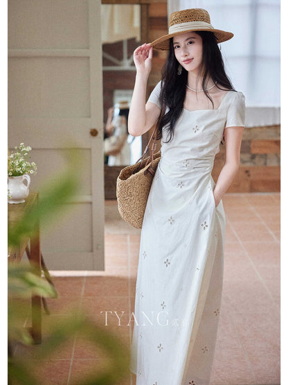 Eryang Design [Yunchu] French design 1oo cotton embroidered dress women's square collar drawstring waist skirt