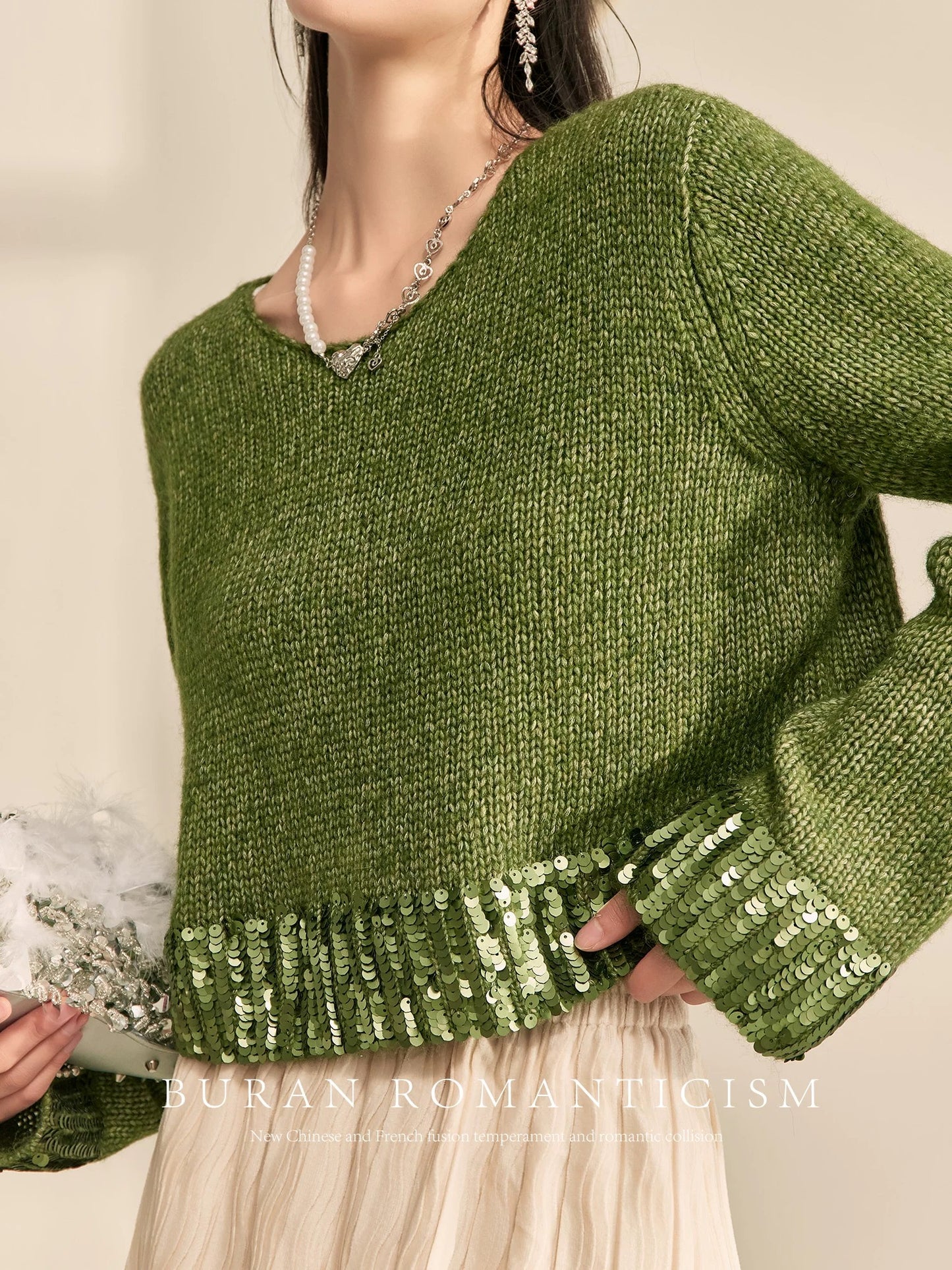 BURAN sweater, lazy and high-end, loose and slim in winter, retro green, stylish sequined patchwork pullover top