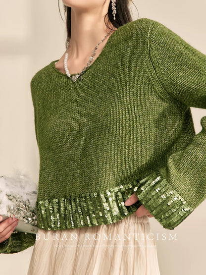 BURAN sweater, lazy and high-end, loose and slim in winter, retro green, stylish sequined patchwork pullover top