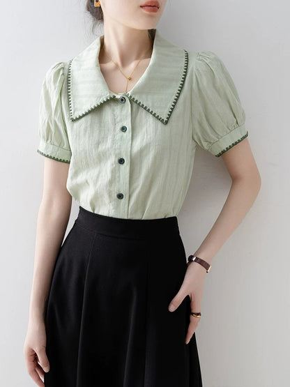 French polo collar green short-sleeved shirt for women 2025 summer new style super hot age-reducing shirt commuting wear tops