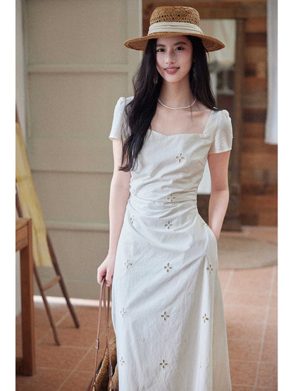 Eryang Design [Yunchu] French design 1oo cotton embroidered dress women's square collar drawstring waist skirt