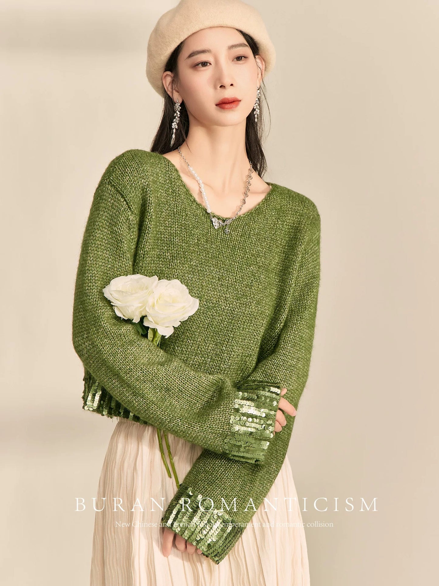 BURAN sweater, lazy and high-end, loose and slim in winter, retro green, stylish sequined patchwork pullover top