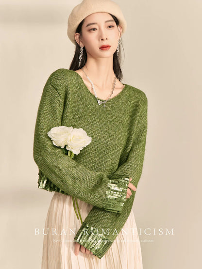 BURAN sweater, lazy and high-end, loose and slim in winter, retro green, stylish sequined patchwork pullover top