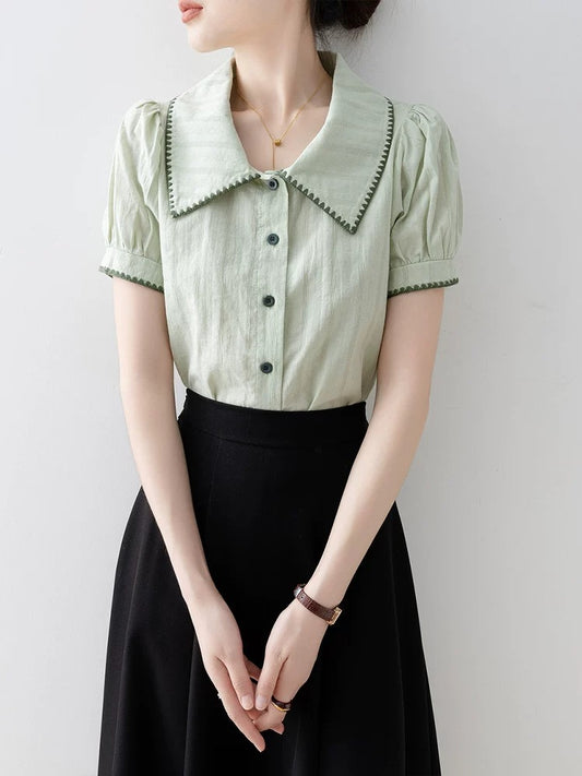 French polo collar green short-sleeved shirt for women 2025 summer new style super hot age-reducing shirt commuting wear tops