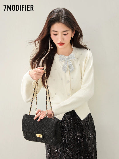La Chapelle 7M2025 Autumn Korean Style Bow Beaded Long Sleeve Knitted Sweater Single-Breasted Cardigan Top Women