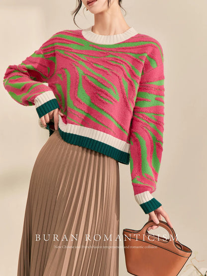 BURAN Sweater Women's 2024 New Winter Round Neck Pullover Design Niche Advanced Jacquard Contrast Color Top