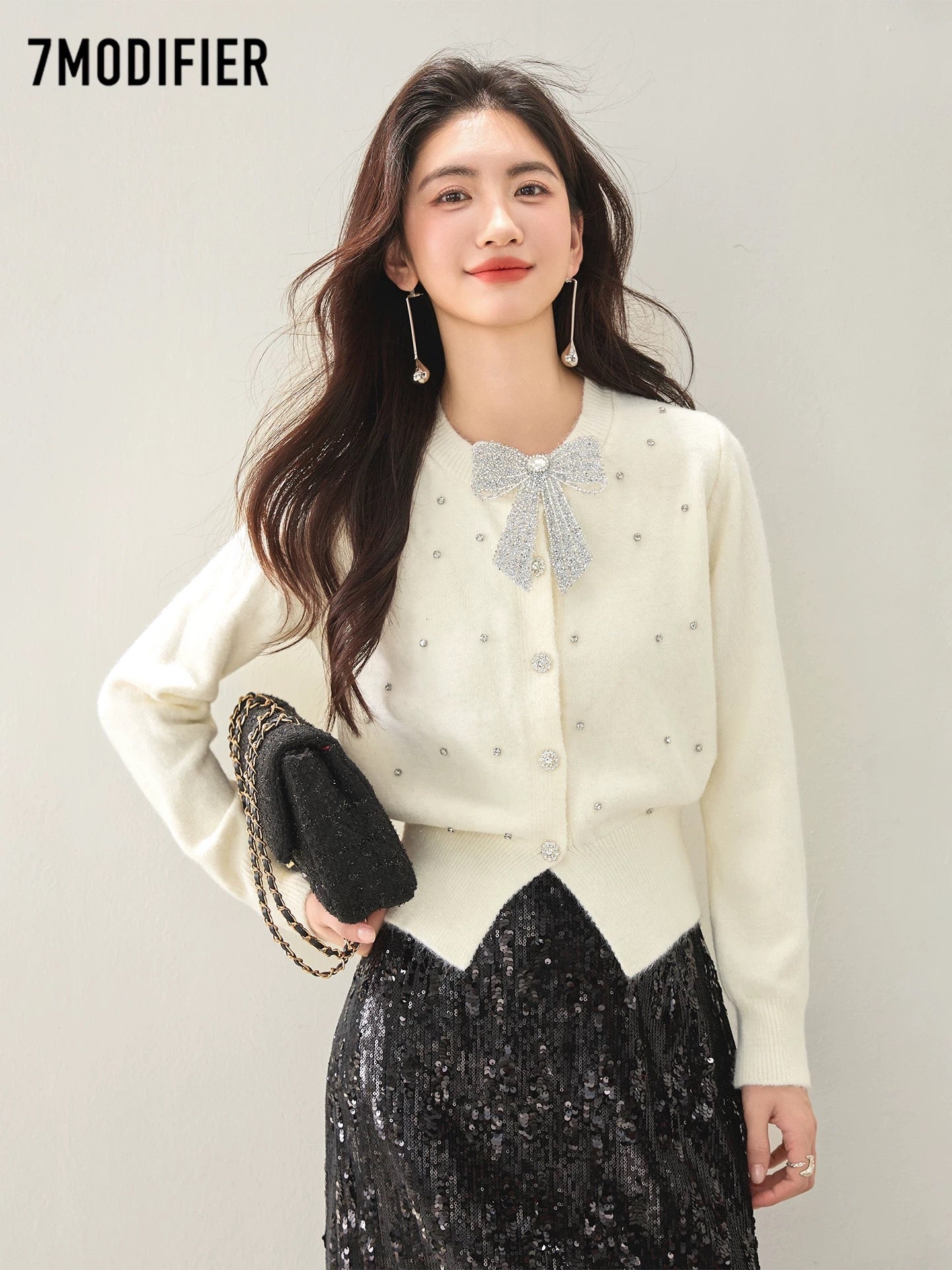 La Chapelle 7M2025 Autumn Korean Style Bow Beaded Long Sleeve Knitted Sweater Single-Breasted Cardigan Top Women