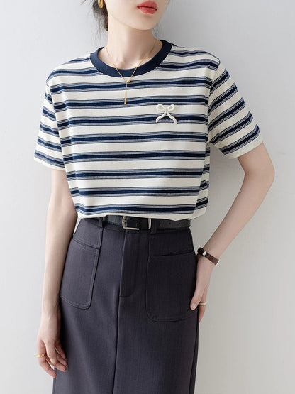 Striped short-sleeved T-shirt for women 2025 new summer loose round neck pullover straight shoulder high-end niche non-collision tops