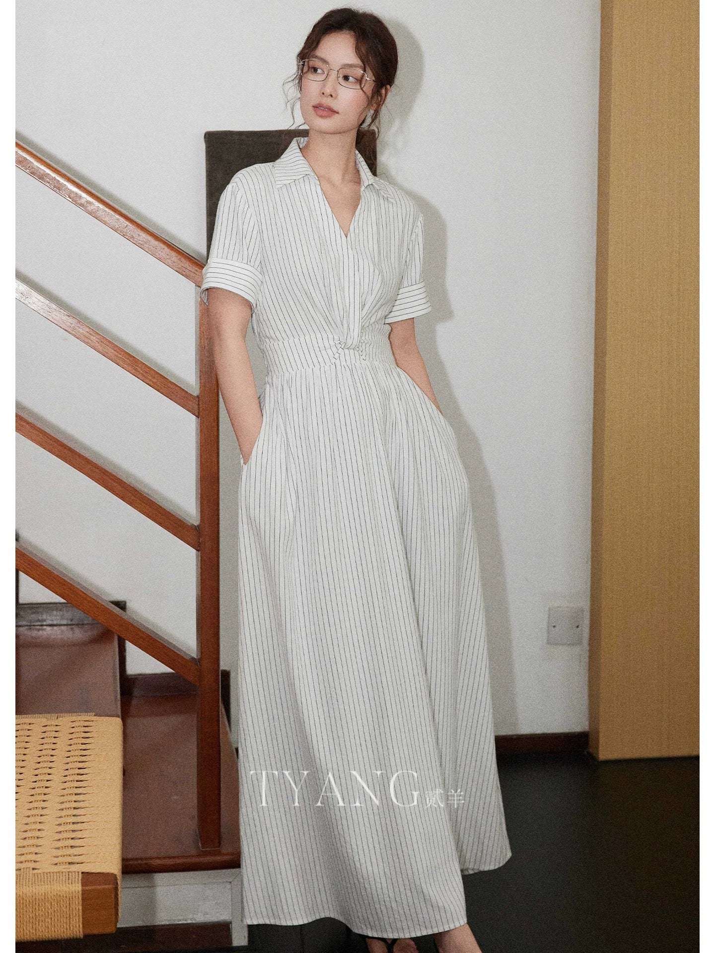 Eryang Design [Book White] V-neck striped white shirt dress for women French style simple commuting A-line skirt