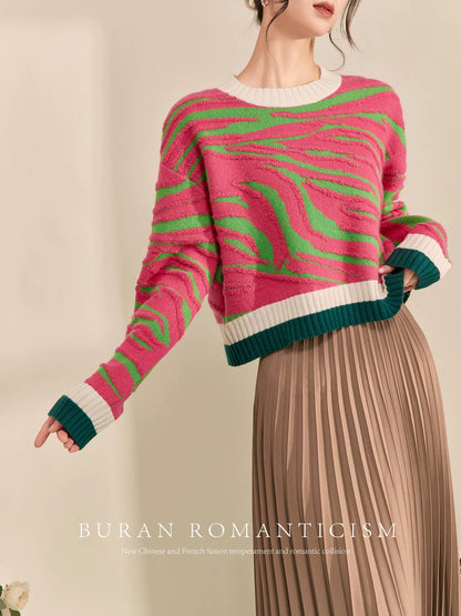 BURAN Sweater Women's 2024 New Winter Round Neck Pullover Design Niche Advanced Jacquard Contrast Color Top
