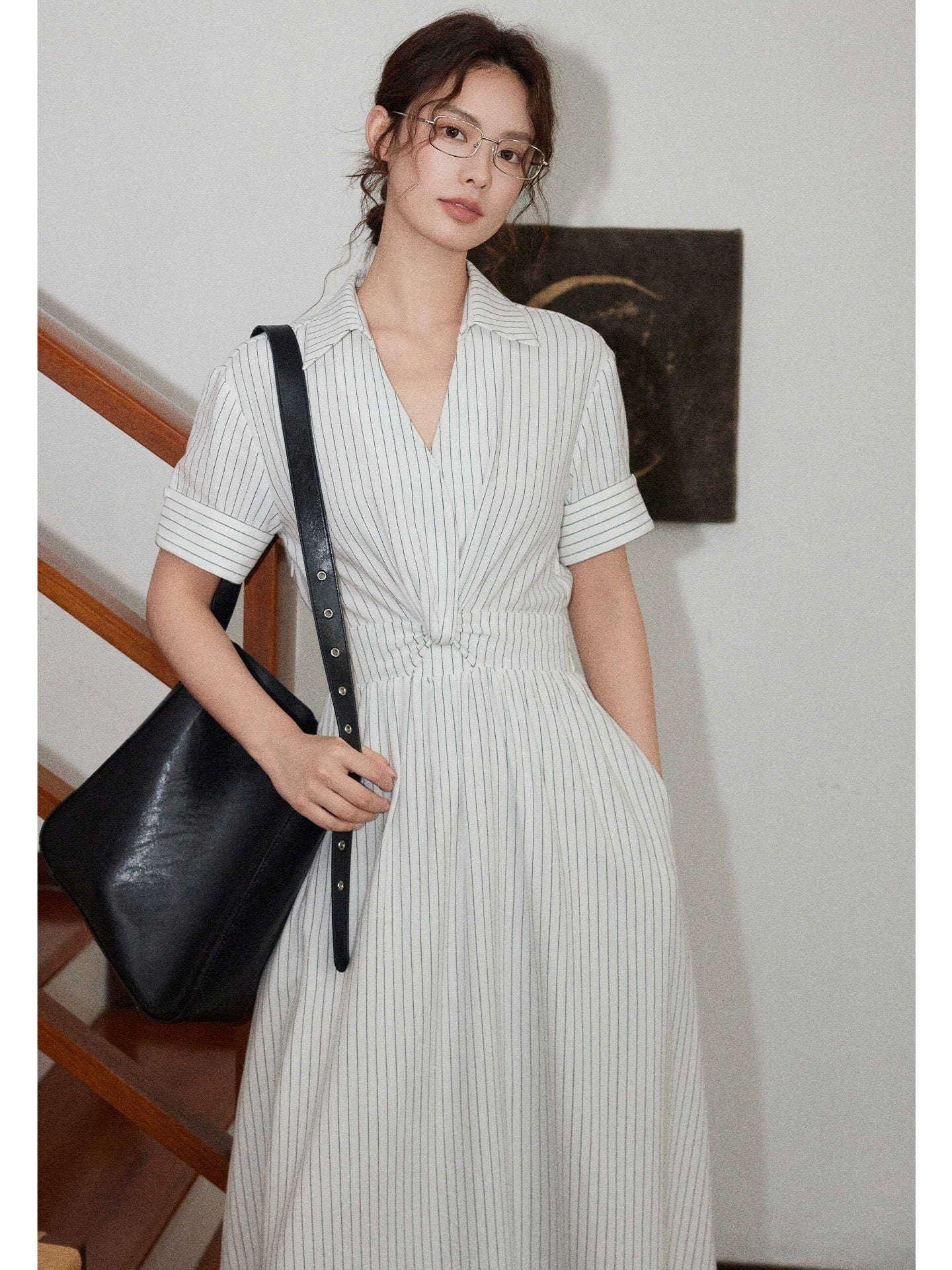 Eryang Design [Book White] V-neck striped white shirt dress for women French style simple commuting A-line skirt