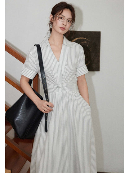 Eryang Design [Book White] V-neck striped white shirt dress for women French style simple commuting A-line skirt
