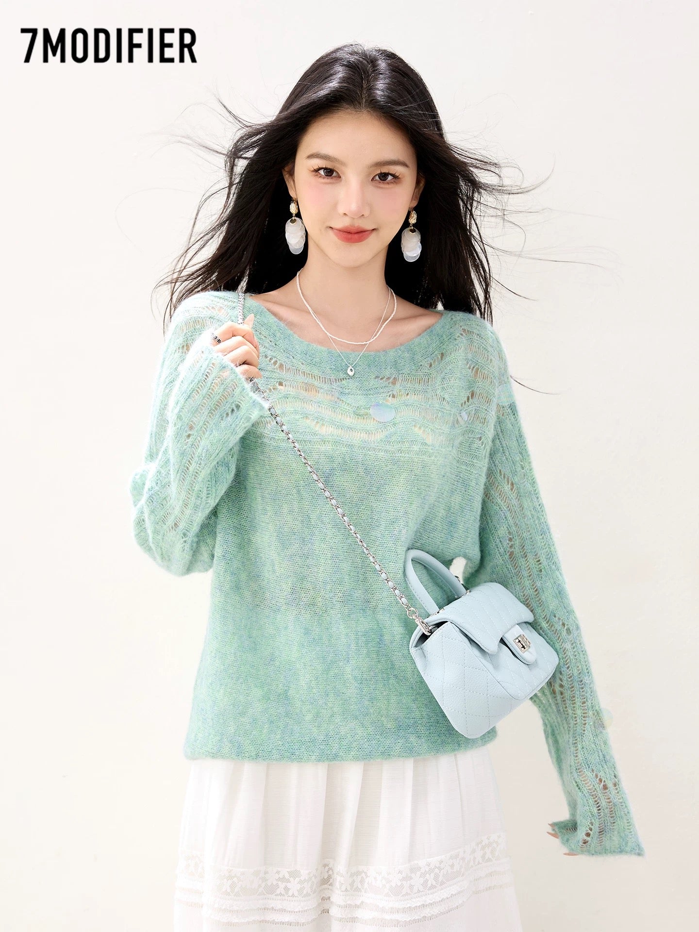 La Chapelle 7M2025 autumn fashion all-match hollow sequins slim temperament long-sleeved knitted sweater tops for women