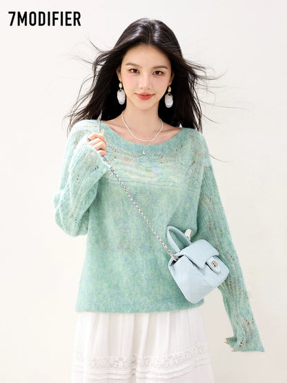 La Chapelle 7M2025 autumn fashion all-match hollow sequins slim temperament long-sleeved knitted sweater tops for women