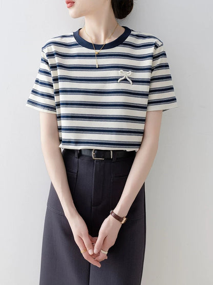 Striped short-sleeved T-shirt for women 2025 new summer loose round neck pullover straight shoulder high-end niche non-collision tops