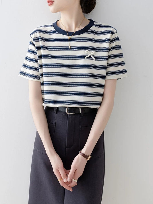 Striped short-sleeved T-shirt for women 2025 new summer loose round neck pullover straight shoulder high-end niche non-collision tops