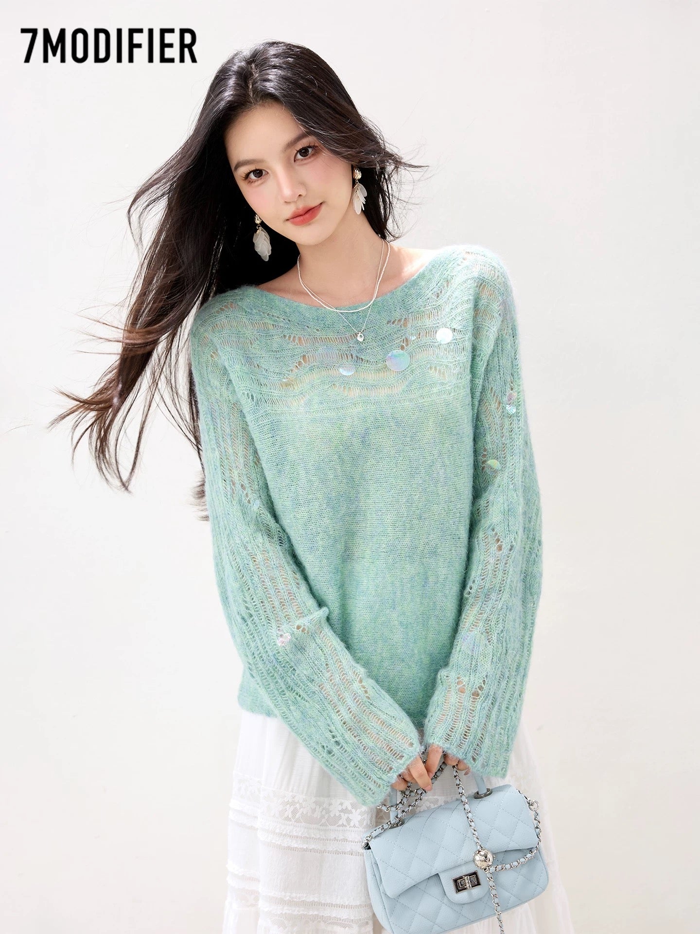 La Chapelle 7M2025 autumn fashion all-match hollow sequins slim temperament long-sleeved knitted sweater tops for women
