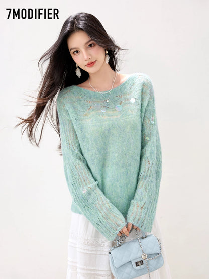 La Chapelle 7M2025 autumn fashion all-match hollow sequins slim temperament long-sleeved knitted sweater tops for women