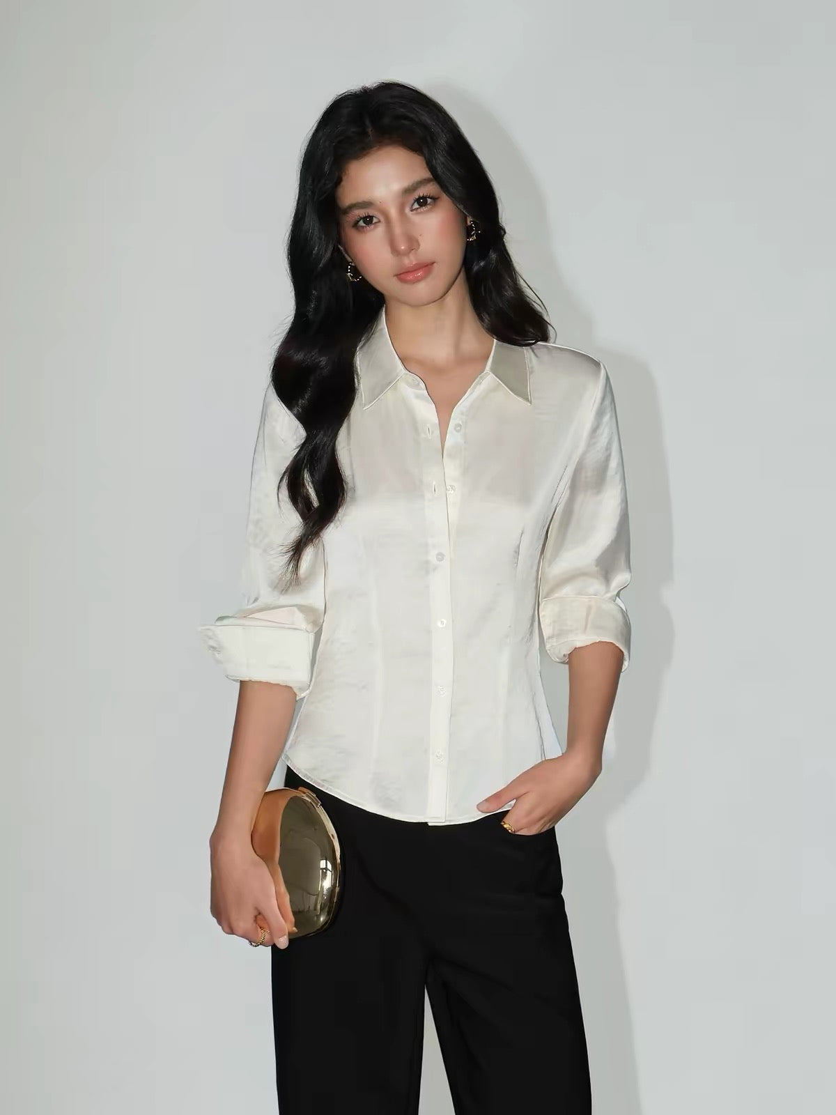 NEVA HU – Sophisticated & Refined: Women's Premium Satin Long-Sleeve Shirt – Glossy, Relaxed-Fit, Minimalist Collared Shirt
