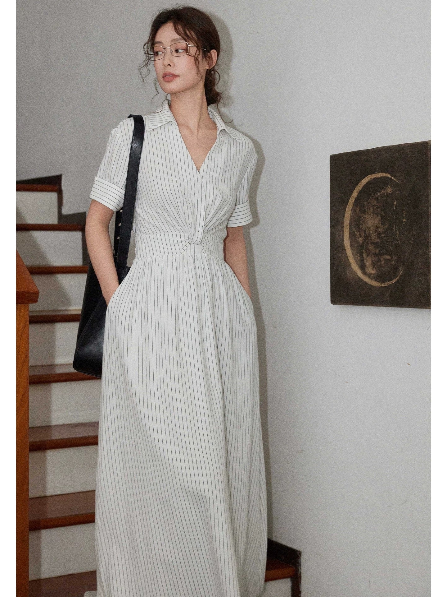 Eryang Design [Book White] V-neck striped white shirt dress for women French style simple commuting A-line skirt