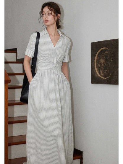 Eryang Design [Book White] V-neck striped white shirt dress for women French style simple commuting A-line skirt