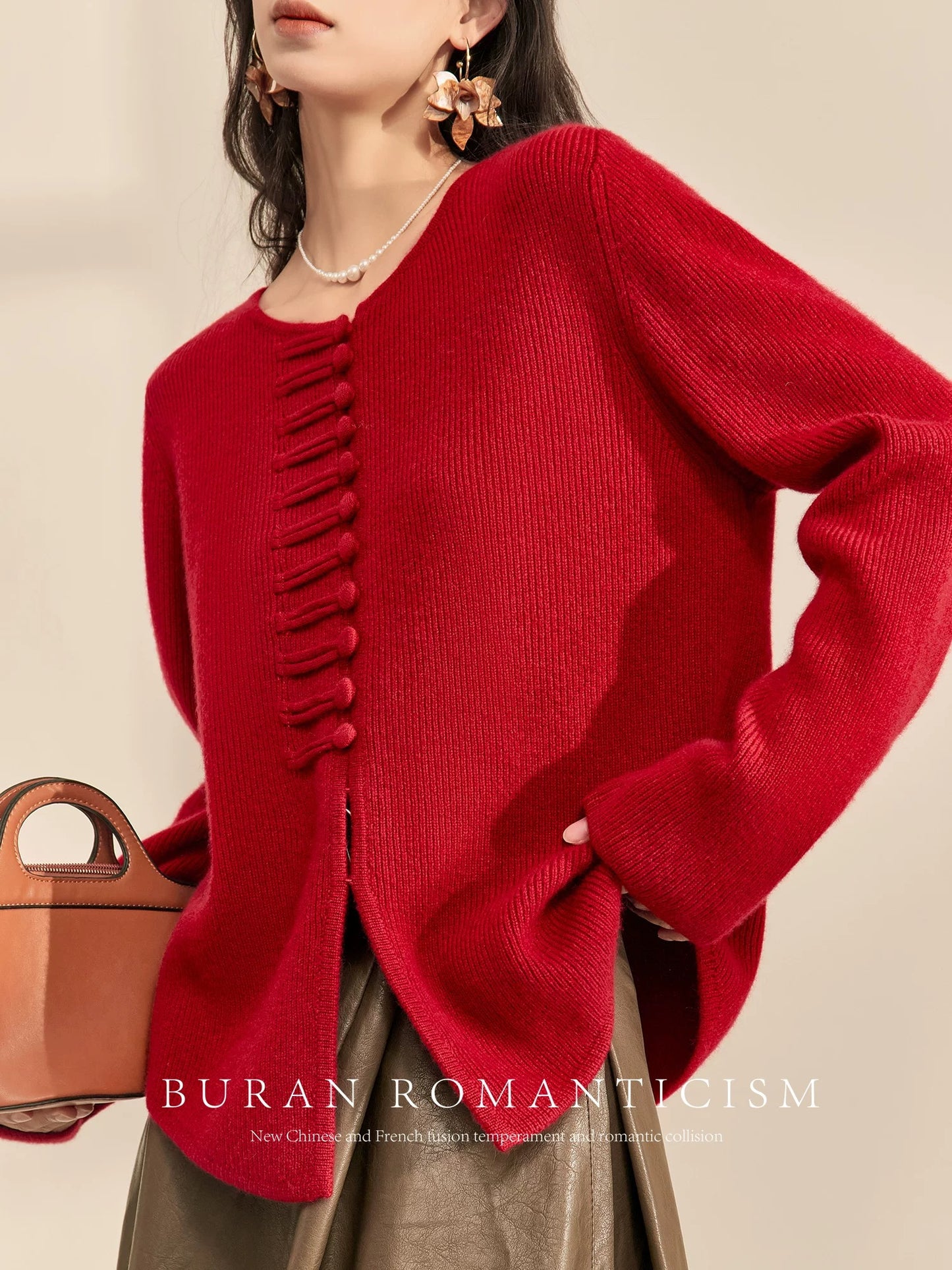 BURAN sweater, lazy and high-end winter red animal year new Chinese style retro buckle soft waxy knitted top