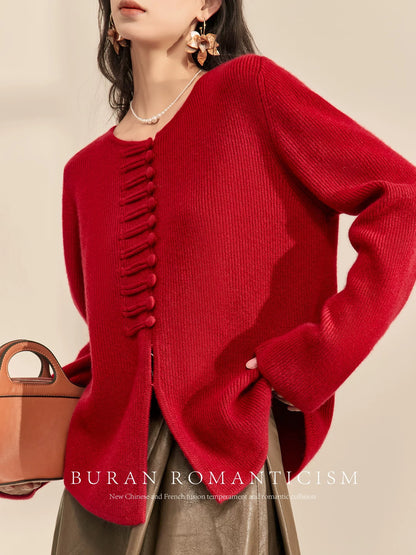 BURAN sweater, lazy and high-end winter red animal year new Chinese style retro buckle soft waxy knitted top