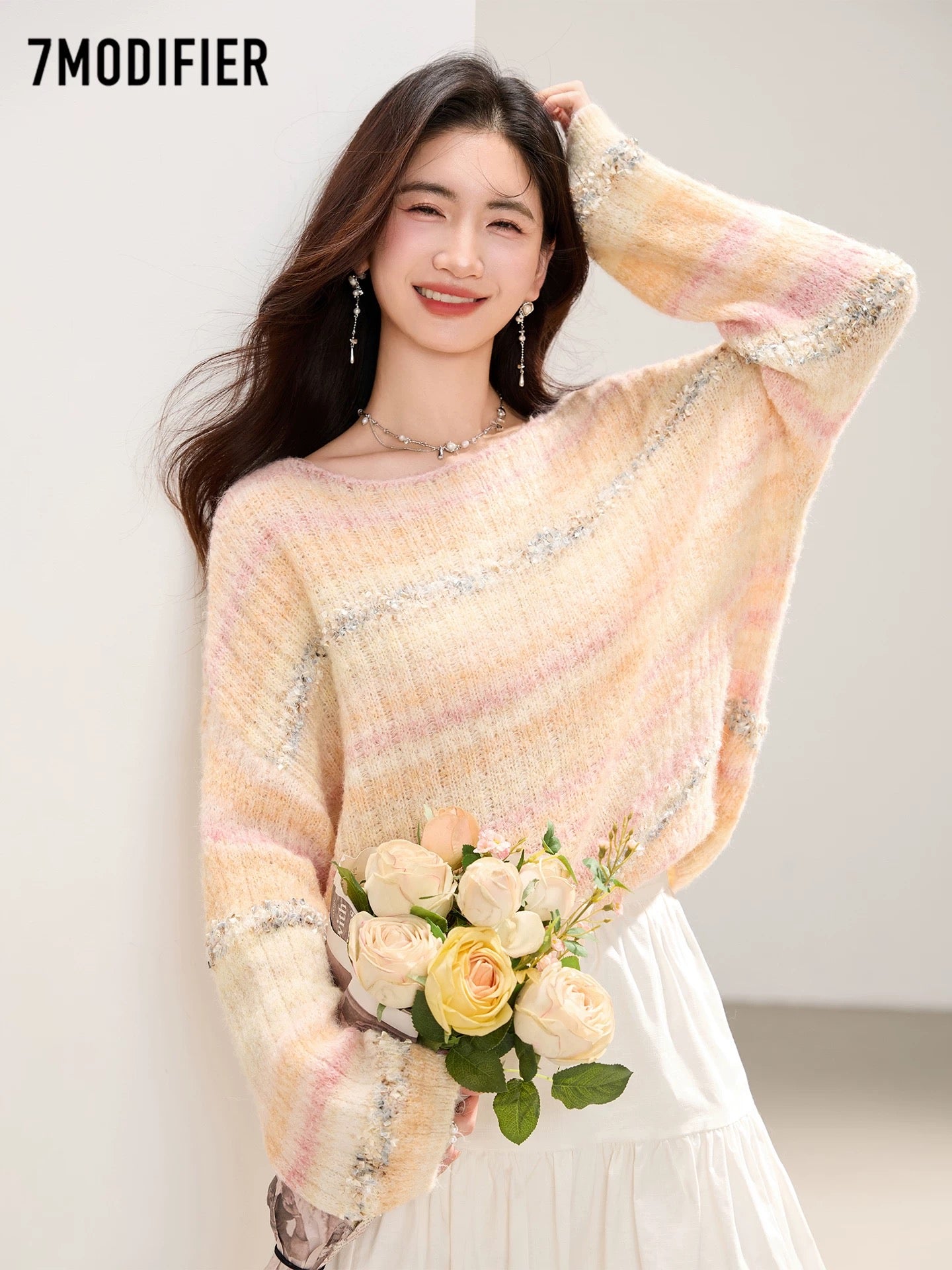 La Chapelle 7M2025 autumn gentle style temperament striped round neck pullover versatile long-sleeved knitted sweater top