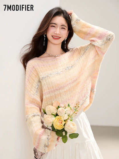 La Chapelle 7M2025 autumn gentle style temperament striped round neck pullover versatile long-sleeved knitted sweater top