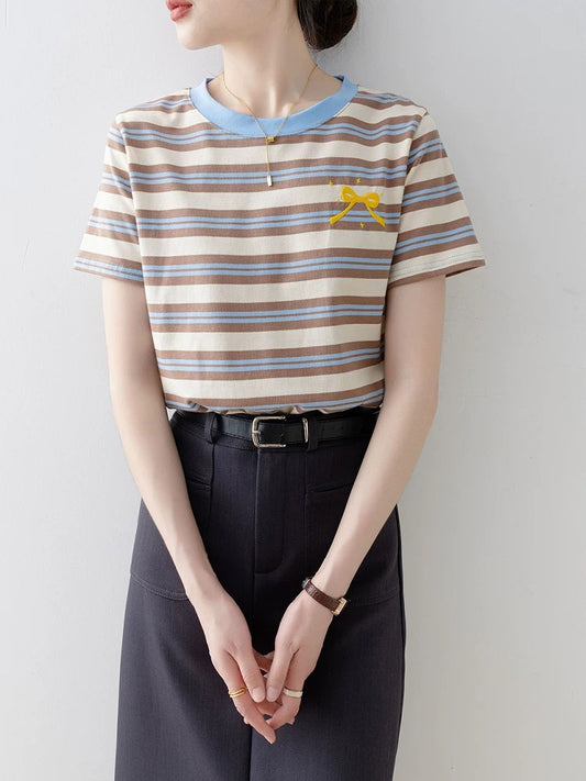 Short-sleeved T-shirt for women 2025 new summer loose round neck striped straight shoulder super hot age-reducing design niche tops