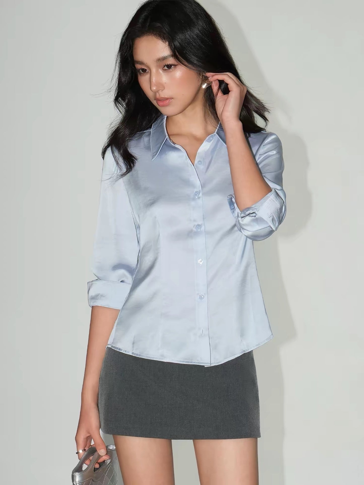 NEVA HU – Sophisticated & Refined: Women's Premium Satin Long-Sleeve Shirt – Glossy, Relaxed-Fit, Minimalist Collared Shirt