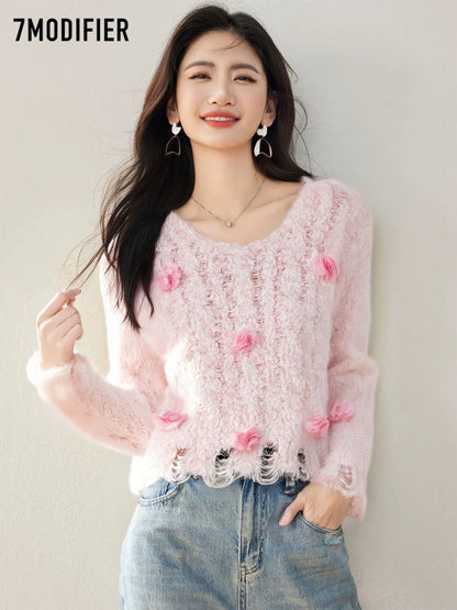 La Chapelle 7M2025 autumn fashion design three-dimensional flower pullover versatile long-sleeved knitted sweater top