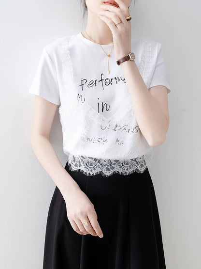 Lace suspenders stitching letter print short-sleeved T-shirt female 2025 new summer white straight shoulder fake two-piece top