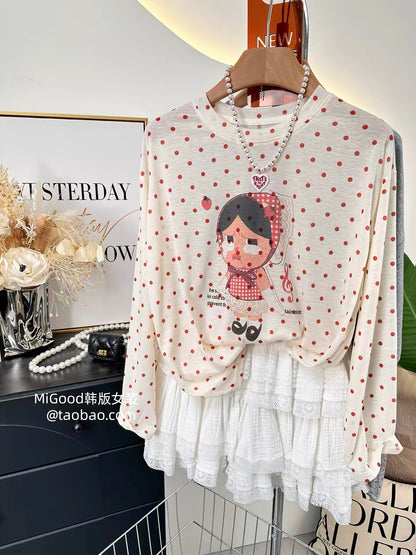 Sweet and adorable sun-protection top—a stylish, trendy, loose-fitting women's summer T-shirt featuring Korean-style polka dots and a cute cartoon print, crafted from lightweight Lyocell fabric.