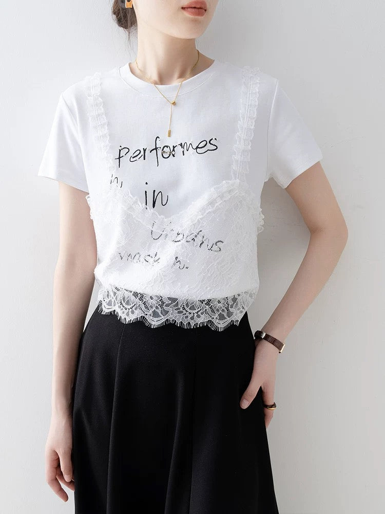 Lace suspenders stitching letter print short-sleeved T-shirt female 2025 new summer white straight shoulder fake two-piece top