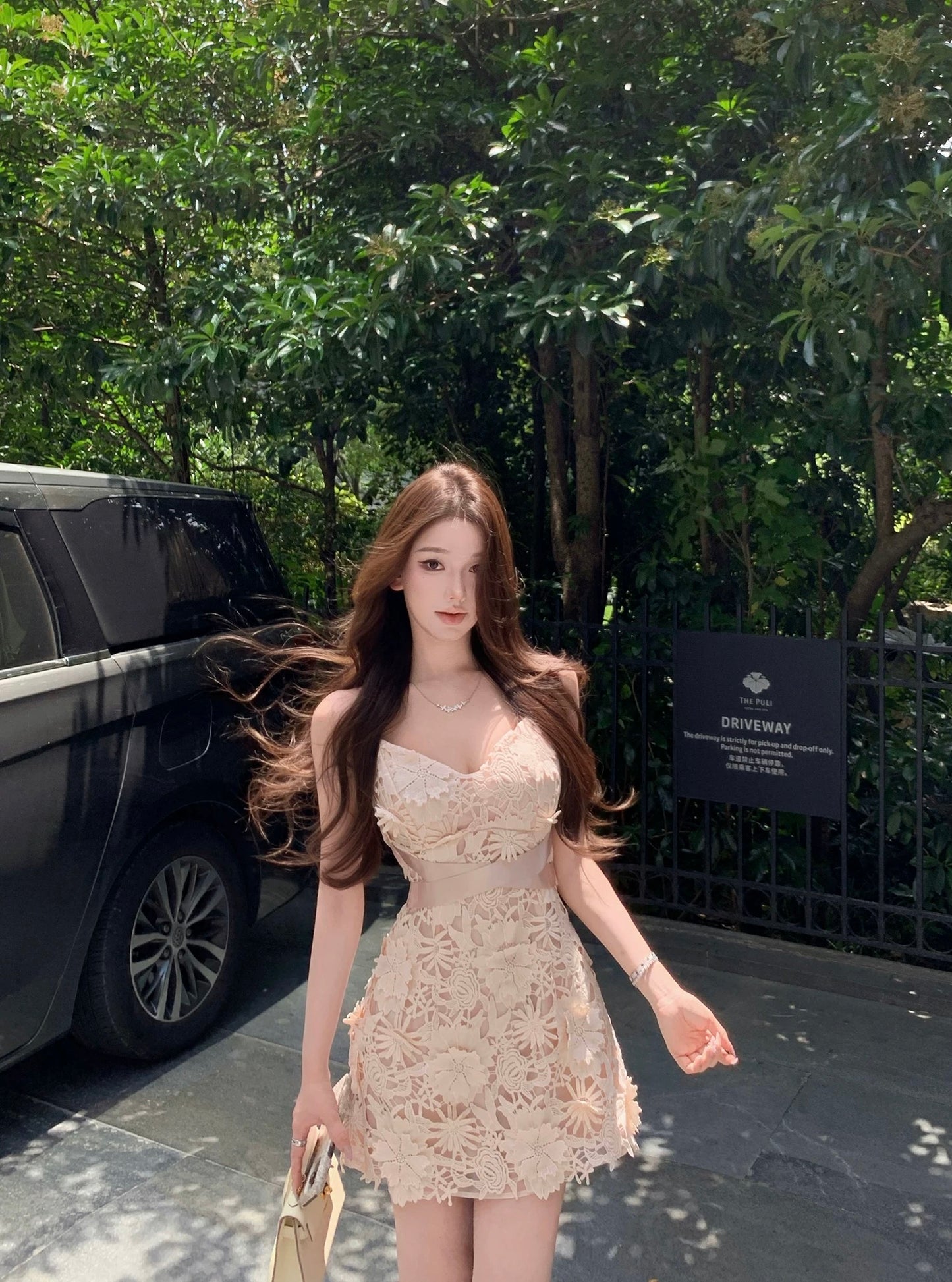 JAYKY YANG【Huayu Manxia】3D flower embroidered dress with chest pad waist short suspender skirt