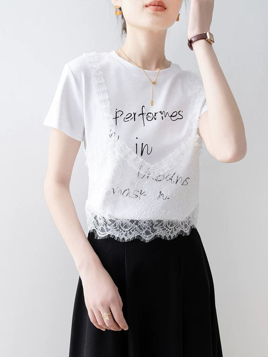 Lace suspenders stitching letter print short-sleeved T-shirt female 2025 new summer white straight shoulder fake two-piece top