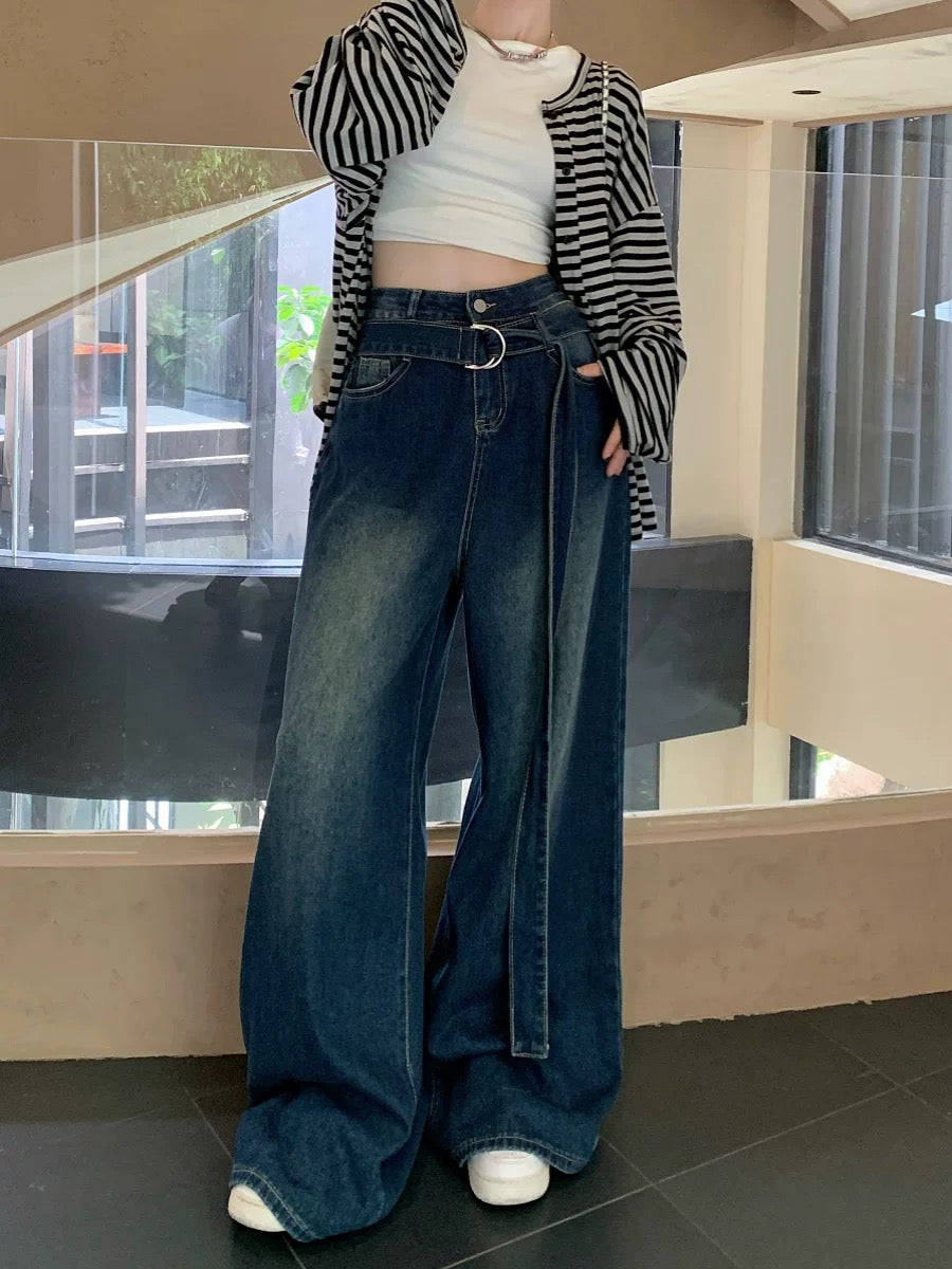 Kumikumi American hot girl high waist jeans wide leg pants women's early spring loose slim straight pants mopping pants